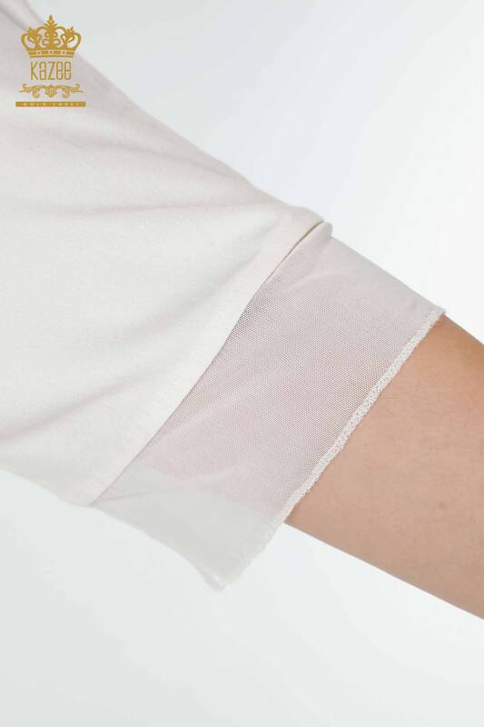 женская блузка оптом с цветочным узором из тюля с деталями цвета экрю - 79032 | КАZEE