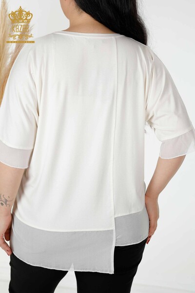 женская блузка оптом с цветочным узором из тюля с деталями цвета экрю - 79032 | КАZEE - Thumbnail