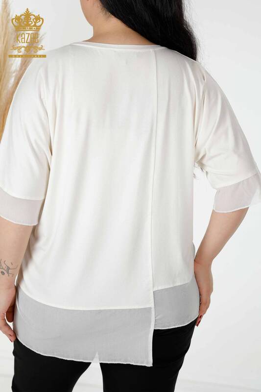 женская блузка оптом с цветочным узором из тюля с деталями цвета экрю - 79032 | КАZEE