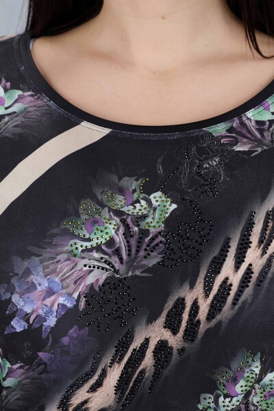 Вышивка из гребенного хлопка оптом для женщин с цветочным узором на камне - 12017 | КАZЕЕ - Thumbnail