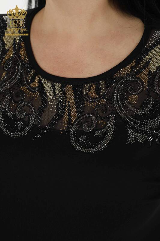 женская блузка оптом - детали из тюля - черный - 79085 | КАZEE