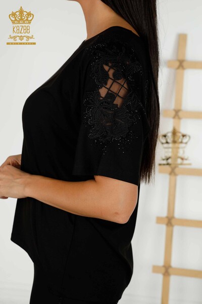 женская блузка оптом - детали из тюля - черный - 79390 | КАZEE - Thumbnail