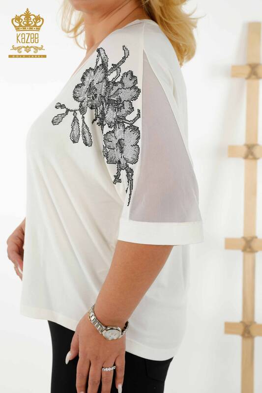 Женская блузка оптом - Детали из тюля - Экрю - 79096 | КАZEE
