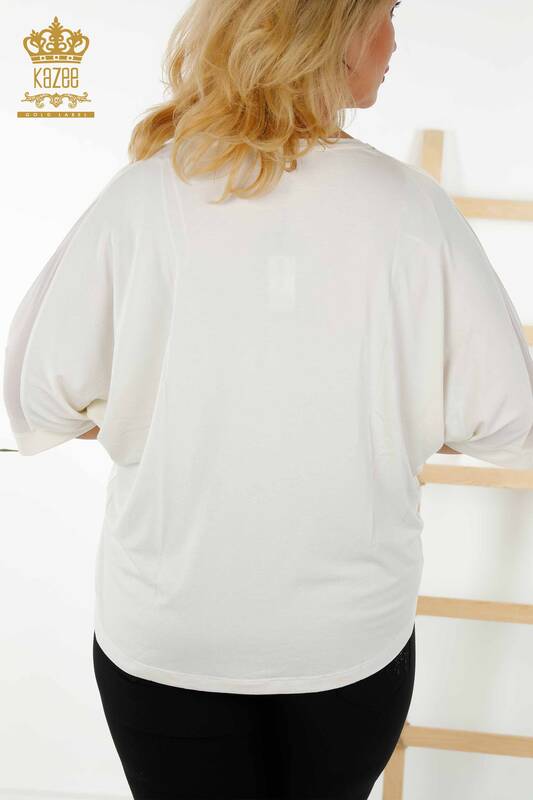 Женская блузка оптом - Детали из тюля - Экрю - 79096 | КАZEE