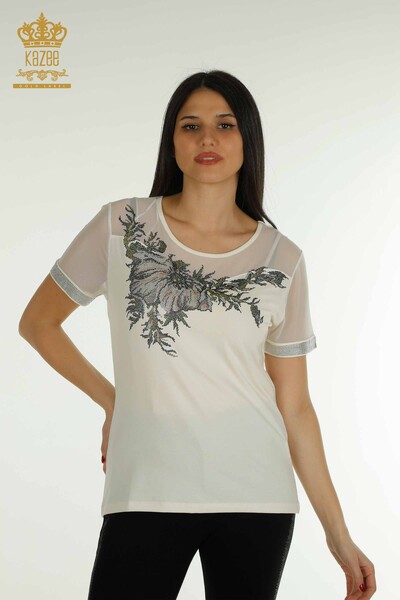 Женская блузка оптом - Детали из тюля - Экрю - 79106 | КАZEE - Thumbnail