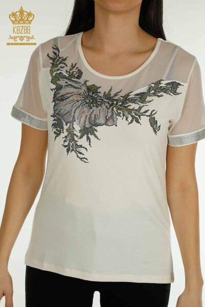 Женская блузка оптом - Детали из тюля - Экрю - 79106 | КАZEE - Thumbnail