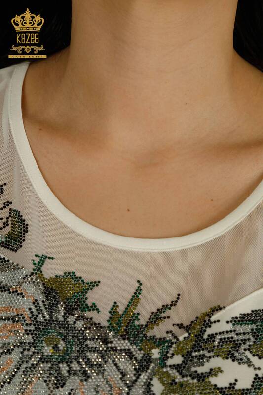 Женская блузка оптом - Детали из тюля - Экрю - 79106 | КАZEE