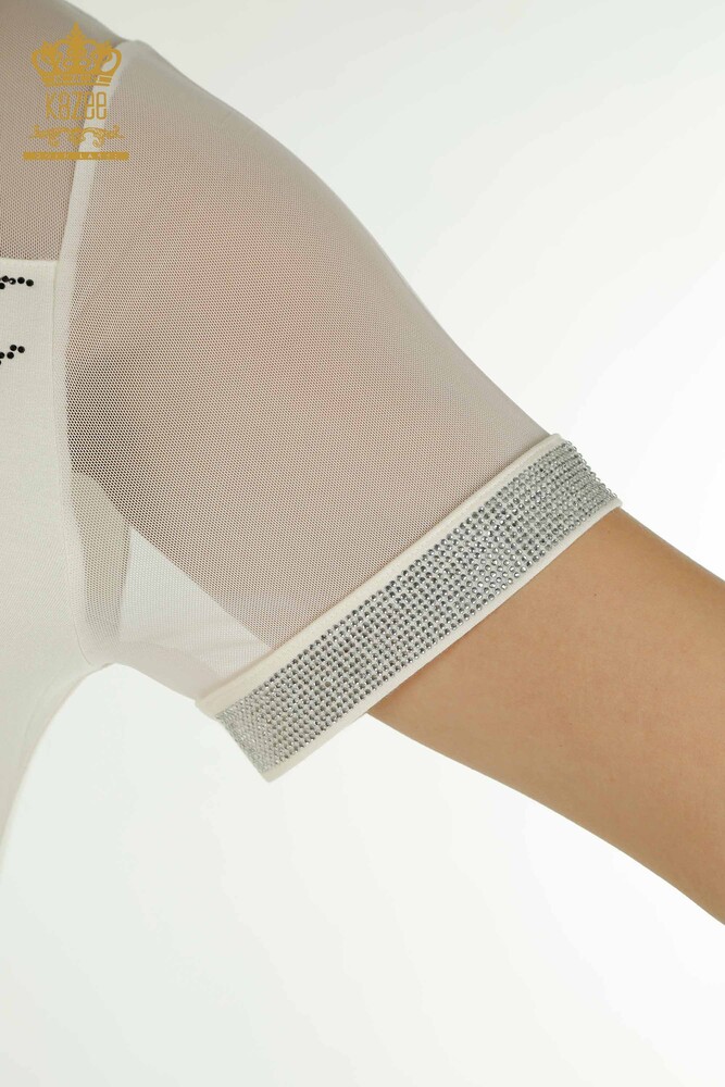 Женская блузка оптом - Детали из тюля - Экрю - 79106 | КАZEE - 6