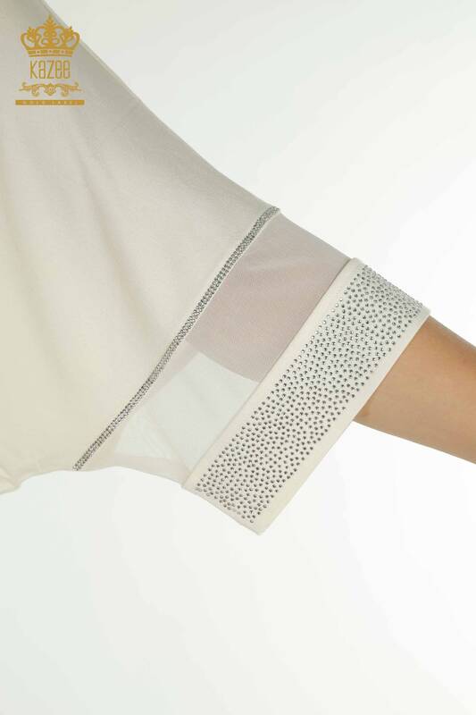 Женская блузка оптом - Тюль с деталями - Экрю - 79298 | KAZEE