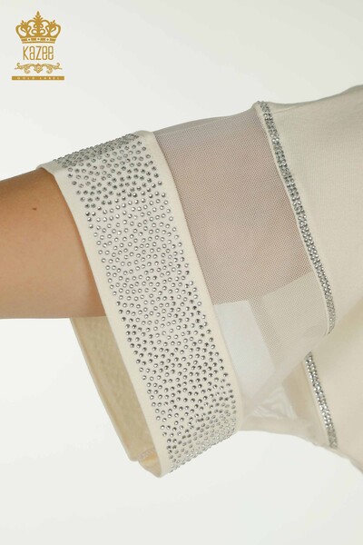 Женская блузка оптом - Тюль с деталями - Экрю - 79298 | KAZEE - Thumbnail