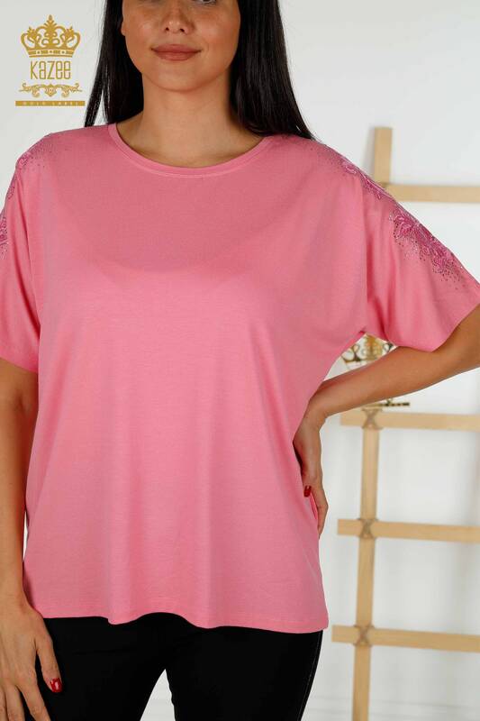 Женская блузка оптом - Детальный тюль - Розовый - 79390 | КAZEE