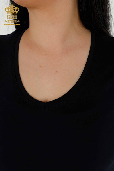 женская блузка оптом - V-образный вырез - темно-синий - 79179 | КАZEE - Thumbnail