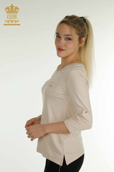 женская блузка оптом - V-образный вырез - бежевый - 79309 | КАZEE - Thumbnail