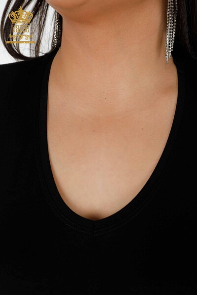 Женская блузка оптом с V-образным вырезом, черная - 79006 | КАZEE - Thumbnail