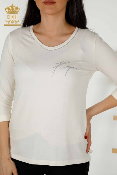 Женская блузка оптом - V-образный вырез - Экрю - 79309 | КАZEE - Thumbnail