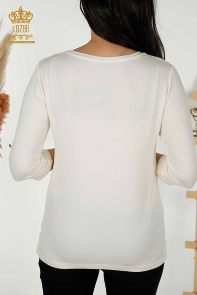 Женская блузка оптом - V-образный вырез - Экрю - 79309 | КАZEE - Thumbnail