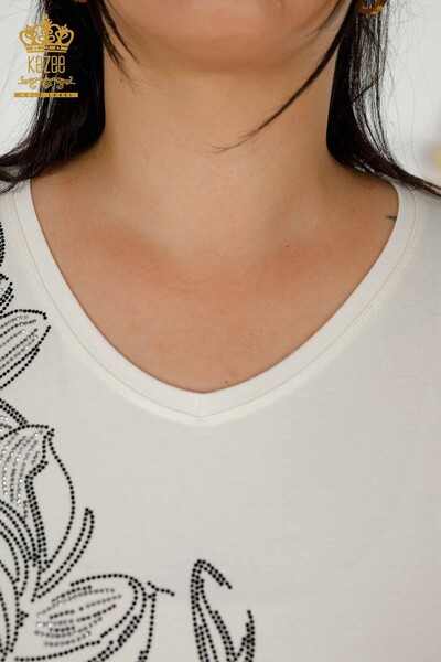 Женская блузка оптом - V-образный вырез - Экрю - 79341 | КАZEE - Thumbnail