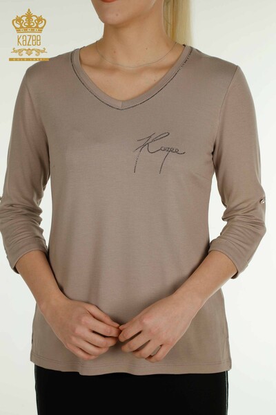 Женская блузка оптом - V-образный вырез - Норка - 79309 | КАZEE - Thumbnail