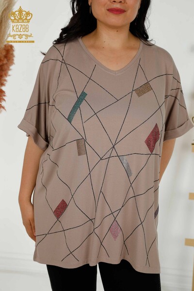 Женская блузка оптом - V-образный вырез - Норка - 79320 | КАZEE - Thumbnail