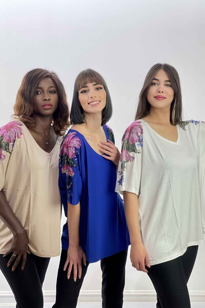 оптом Женская блузка с V-образным вырезом и рукавами с цветочным узором - 77437 | КАZЕЕ - Thumbnail