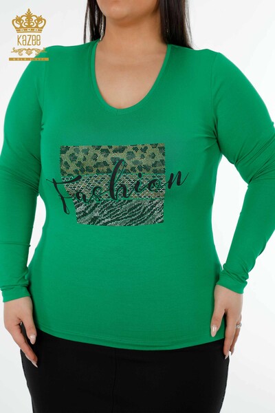 Женская блузка оптом с V-образным вырезом, зеленая - 79006 | КАZEE - Thumbnail