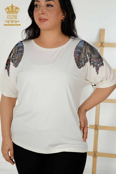 Kazee - Женская блузка оптом с рисунком бабочки цвета экрю - 79154 | КАЗЕЕ (1)