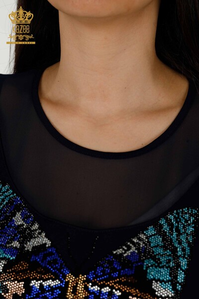 женская блузка оптом - с рисунком бабочки - темно-синий - 79103 | КАZEE - Thumbnail