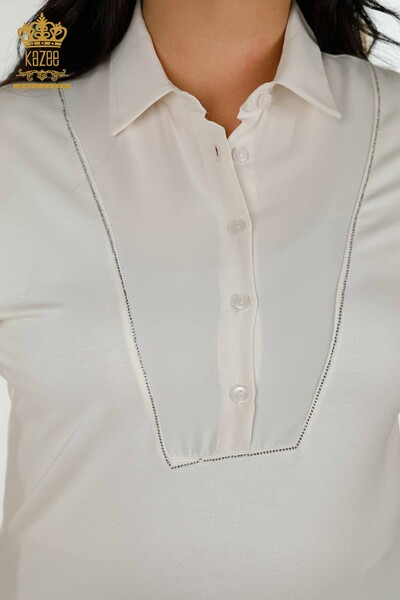Женская блузка оптом - Детали на пуговицах - Экрю - 79291 | КАZEE - Thumbnail