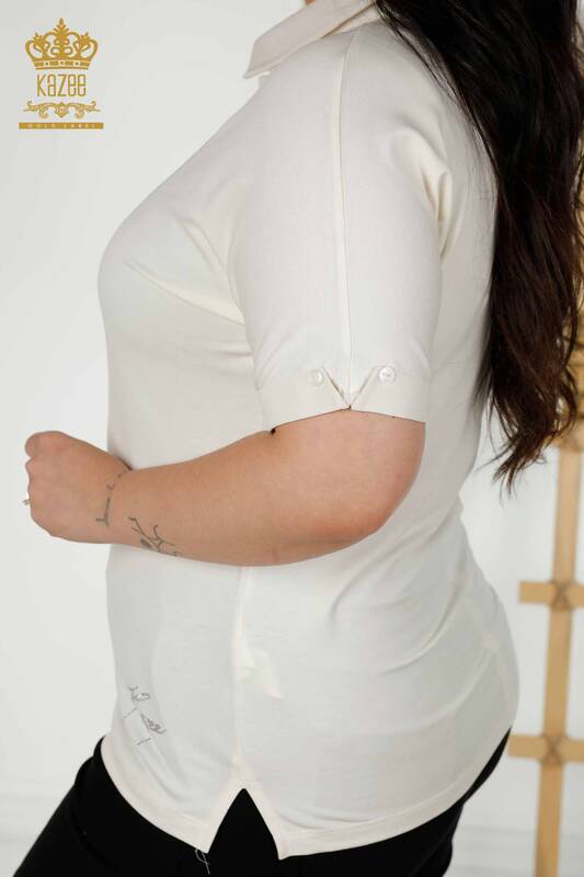 Женская блузка оптом - Детали на пуговицах - Экрю - 79291 | КАZEE