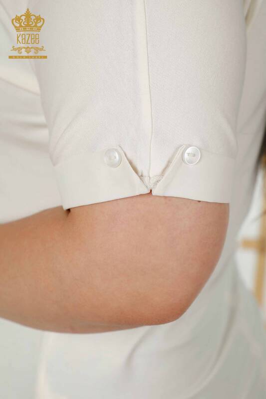 Женская блузка оптом - Детали на пуговицах - Экрю - 79291 | КАZEE