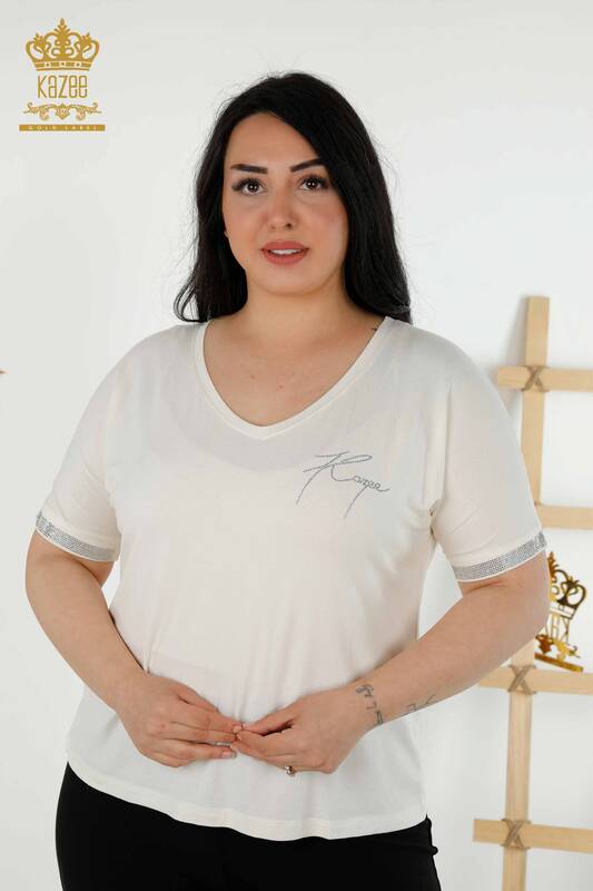 Женская блузка оптом - Детали на пуговицах - Экрю - 79297 | КАZEE