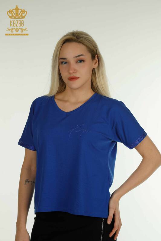 женская блузка оптом - детали на пуговицах - темно-синий - 79297 | КАZEE