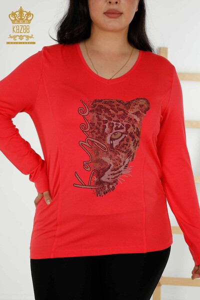 Женская блузка оптом - Леопардовый узор - Цветок граната - 79040 | КАZEE - Thumbnail