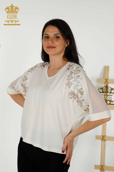 Женская блузка оптом с рисунком розы - экрю - 79095 | КАZEE - Thumbnail