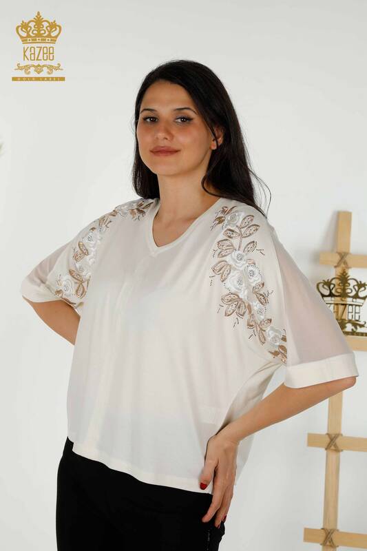 Женская блузка оптом с рисунком розы - экрю - 79095 | КАZEE