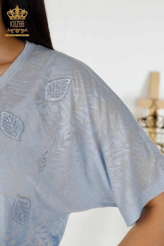 женская блузка оптом - с узором в виде листьев - индиго - 79135 | КАZEE
