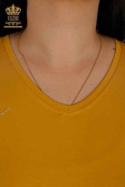 женская блузка оптом - с узором в виде листьев - шафран - 79318 | КАZEE - Thumbnail