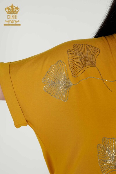 женская блузка оптом - с узором в виде листьев - шафран - 79318 | КАZEE - Thumbnail