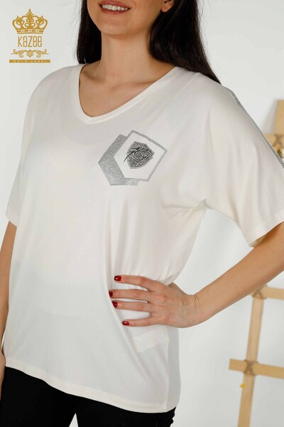 Женская блузка оптом - Вышитая камнем - Экрю - 77487 | КАZEE - Thumbnail