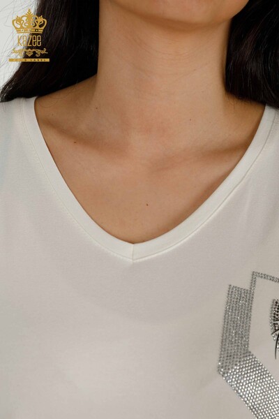 Женская блузка оптом - Вышитая камнем - Экрю - 77487 | КАZEE - Thumbnail