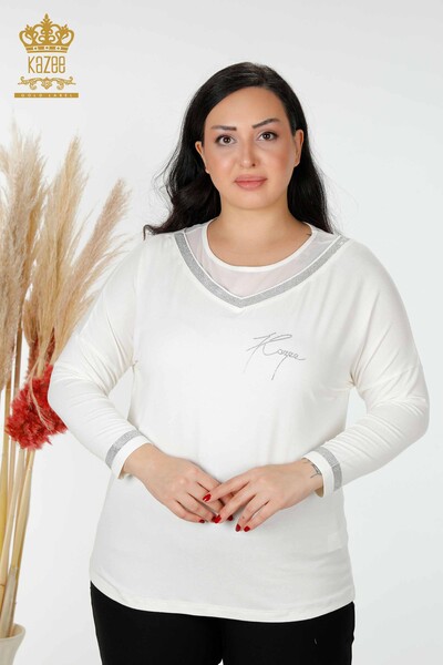 женская блузка оптом с вышивкой камнем экрю - 77870 | КАZEE - Thumbnail
