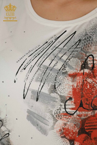 Женская блузка оптом - Вышитая камнем - Экрю - 79115 | КАZEE - 3