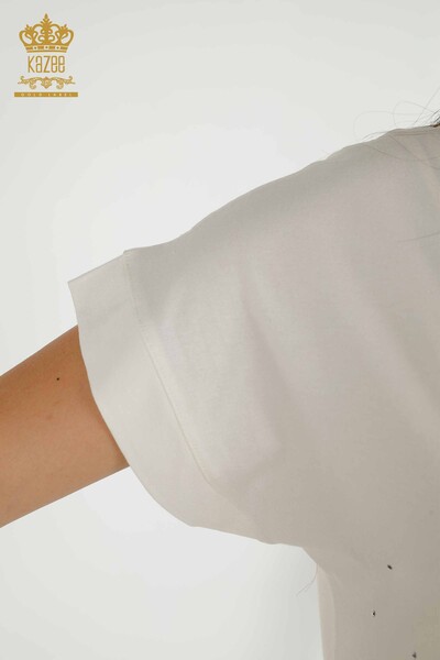 Женская блузка оптом - Вышитая камнем - Экрю - 79115 | КАZEE - Thumbnail
