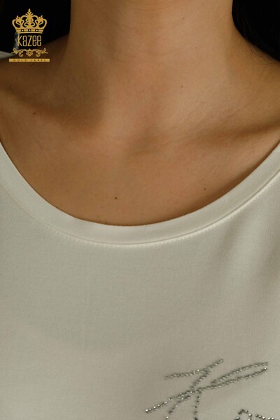 Женская блузка оптом - Вышитая камнем - Экрю - 79221 | КАZEE - Thumbnail