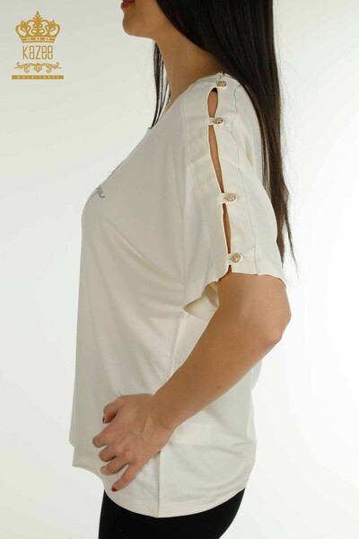Женская блузка оптом - Вышитая камнем - Экрю - 79221 | КАZEE - Thumbnail
