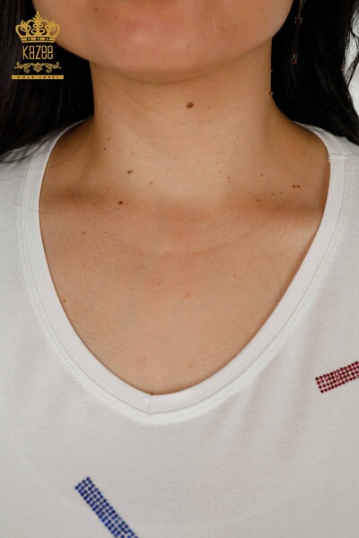 Женская блузка оптом - Вышитая камнем - Экрю - 79365 | КАZEE - Thumbnail