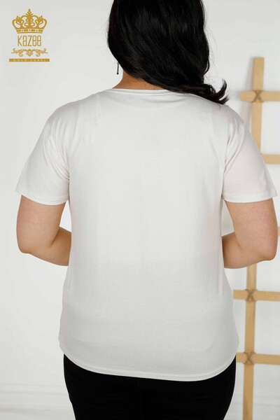 Женская блузка оптом - Вышитая камнем - Экрю - 79365 | КАZEE - Thumbnail