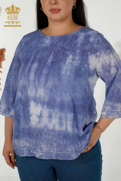 Женская блузка оптом - Вышитая камнем - Индиго - 79175 | КАZEE - Thumbnail