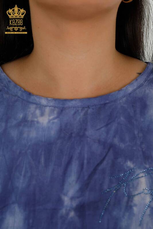 Женская блузка оптом - Вышитая камнем - Индиго - 79175 | КАZEE