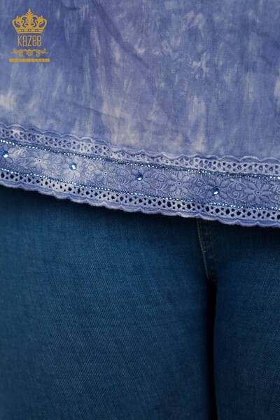 Женская блузка оптом - Вышитая камнем - Индиго - 79175 | КАZEE - Thumbnail